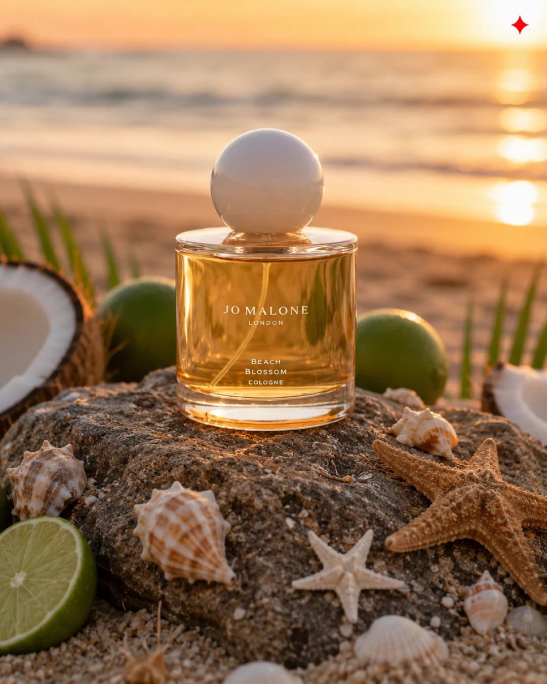 Jo Malone London cologne on a rock with citrus, shells and a sunset sea behind it